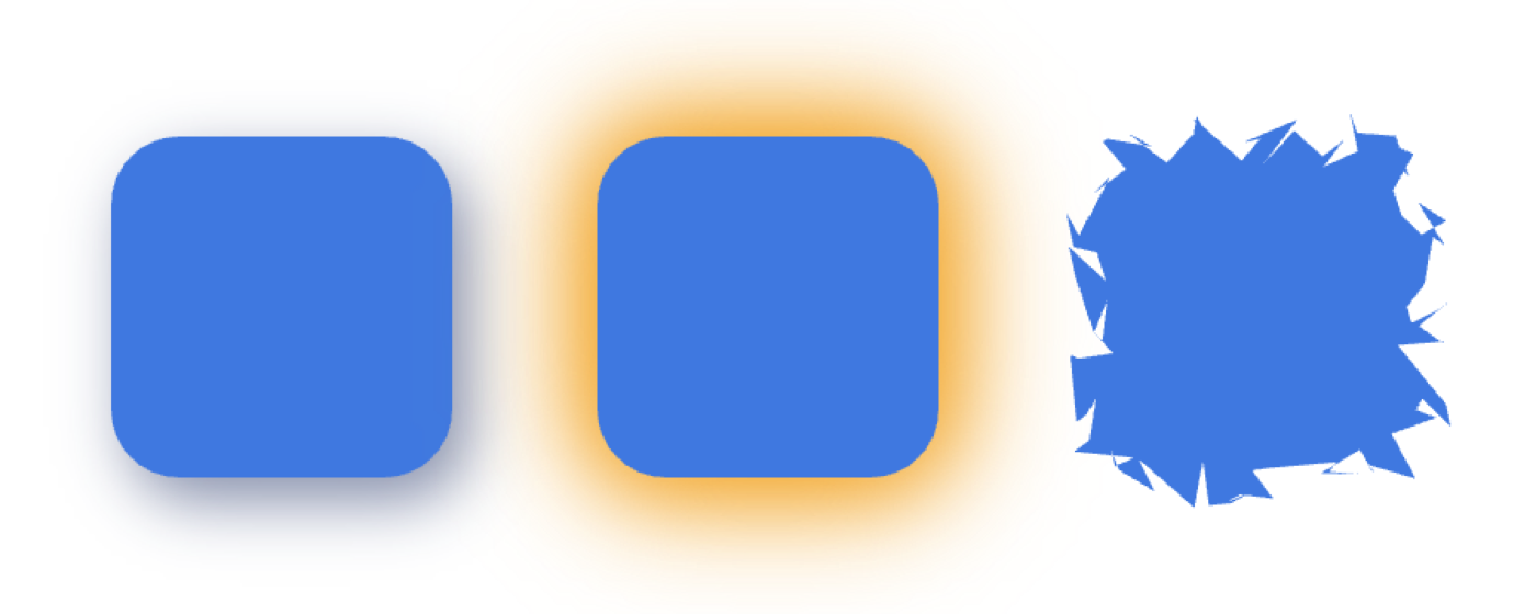 Three identical blue tiles showing three effects: a drop shadow, an amber outer glow, and roughened edges.