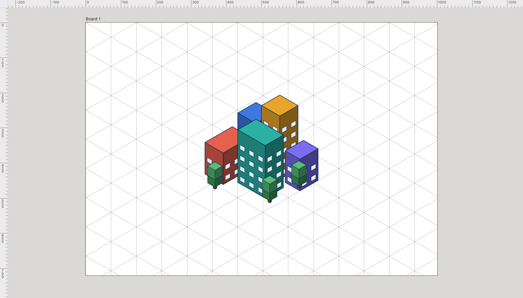 A small isometric city of coloured buildings with windows and trees, drawn on Scissor's isometric grid.