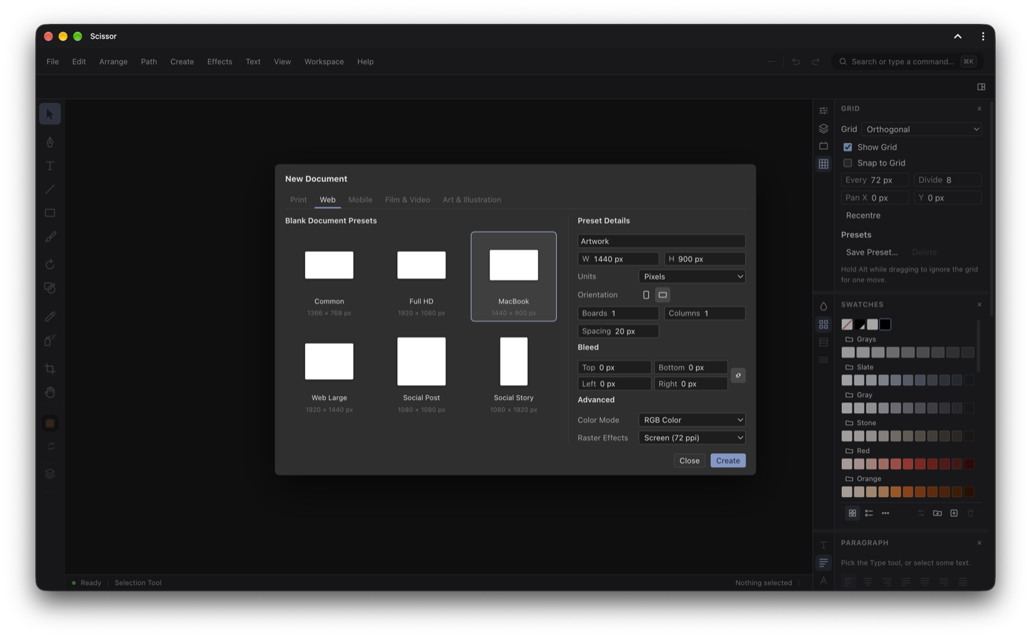 The New Document dialog: preset tabs and cards on the left, and Preset Details on the right with name, size, units, orientation, boards, bleed and colour fields.