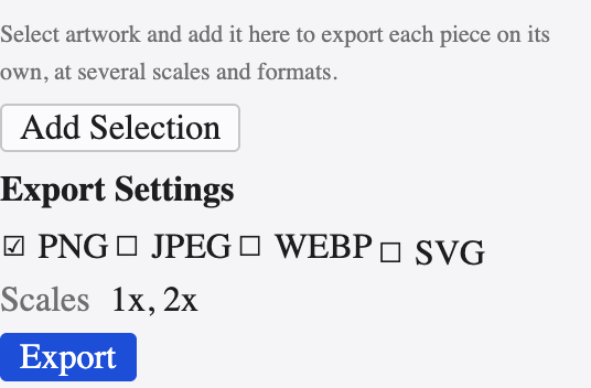 The Asset Export panel with collected assets and format presets.