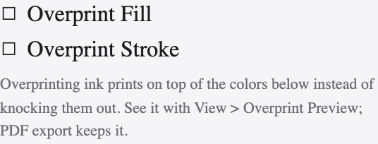 The Attributes panel with overprint and fill-rule options.