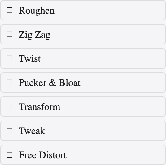 The Distort and Transform effects panel with pucker, twist, zig zag, roughen and transform.