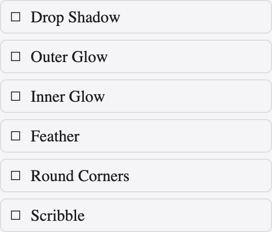 The Stylize effects panel listing drop shadow, glows, feather, round corners and scribble.