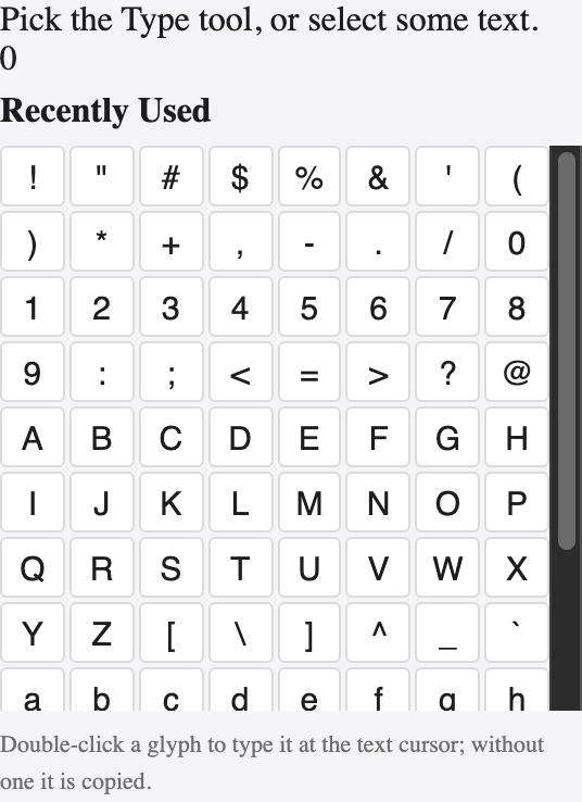 The Glyphs panel showing every character in a font.