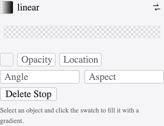 The Gradient panel with a gradient ramp, type and angle controls and stop settings.