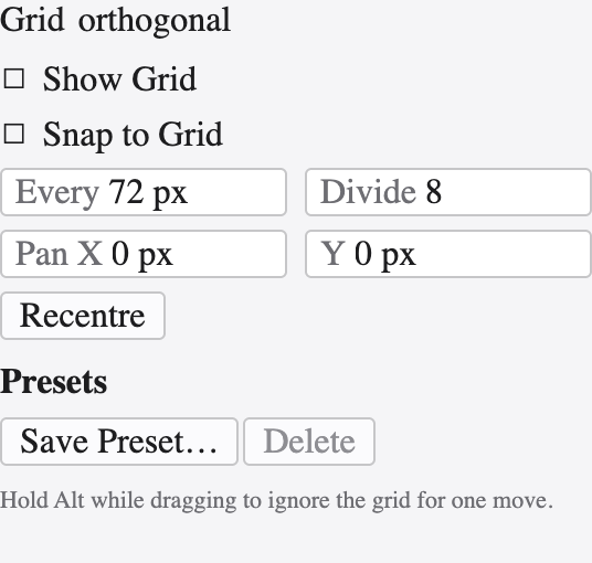 The Grid panel with kind, spacing, subdivisions, angle and origin.