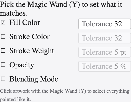 The Magic Wand panel with tolerance settings for fill, stroke and opacity.