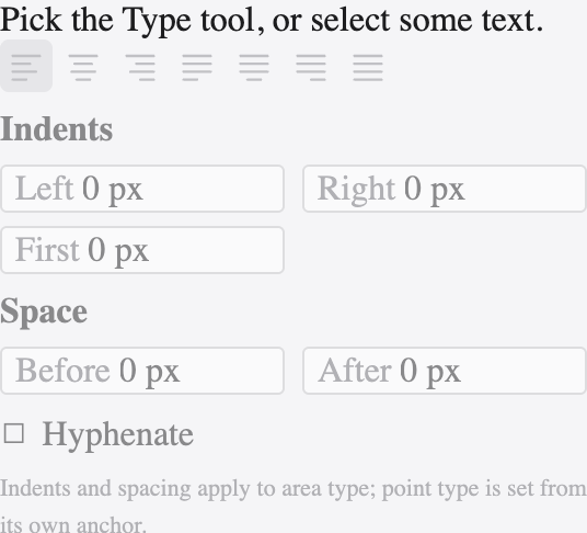 The Paragraph panel with alignment, indents, space before and after, and hyphenation.
