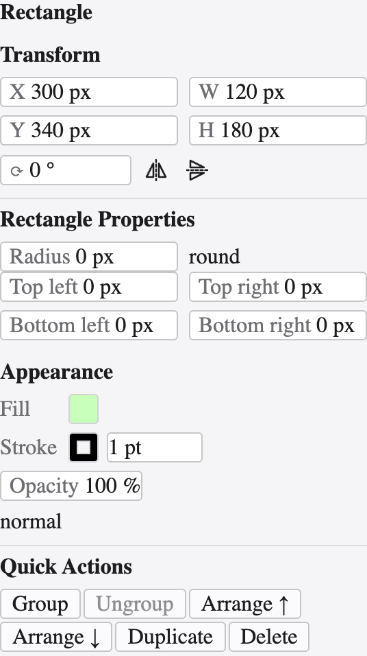 The Properties panel in Scissor showing Transform, shape properties, appearance and quick actions for a selected rectangle.