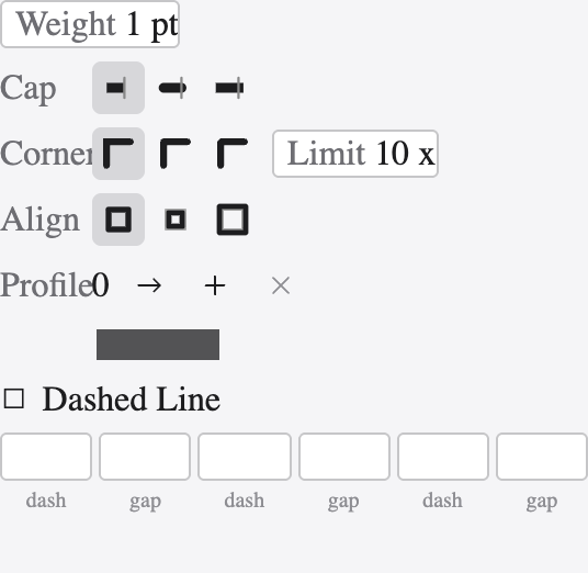The Stroke panel with weight, cap, join, alignment, dashes, arrowheads and a width profile.