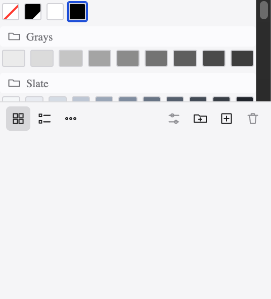 The Swatches panel with none, black and white swatches and colour groups for Grays and Slate.