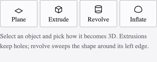 The 3D effects panel with extrude, revolve and inflate.