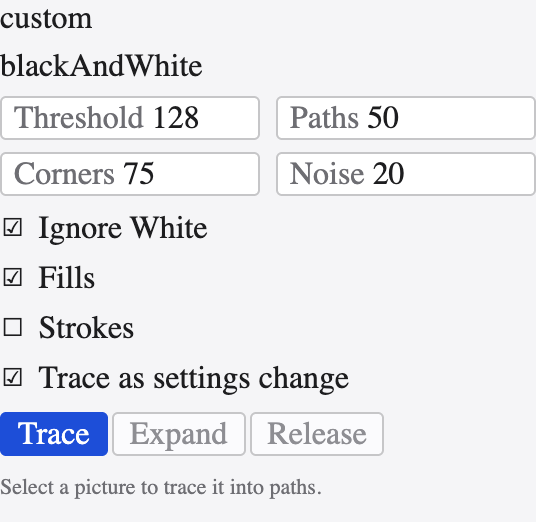 The Image Trace panel with mode, preset, threshold and path controls.