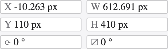 The Transform panel with X, Y, width, height, rotation and shear fields.