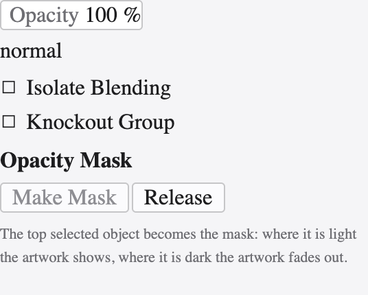 The Transparency panel with blend mode, opacity and an opacity mask.