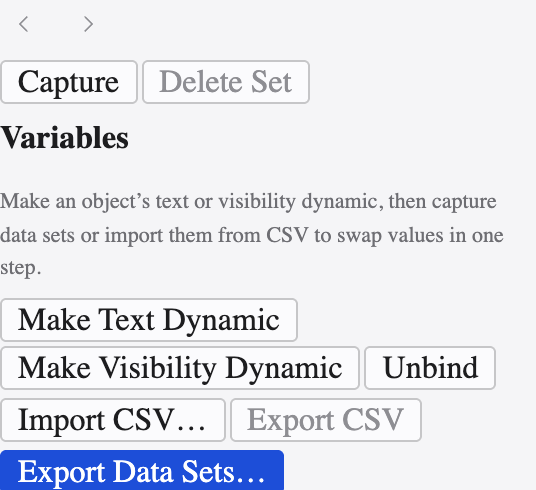The Variables panel binding objects to data.