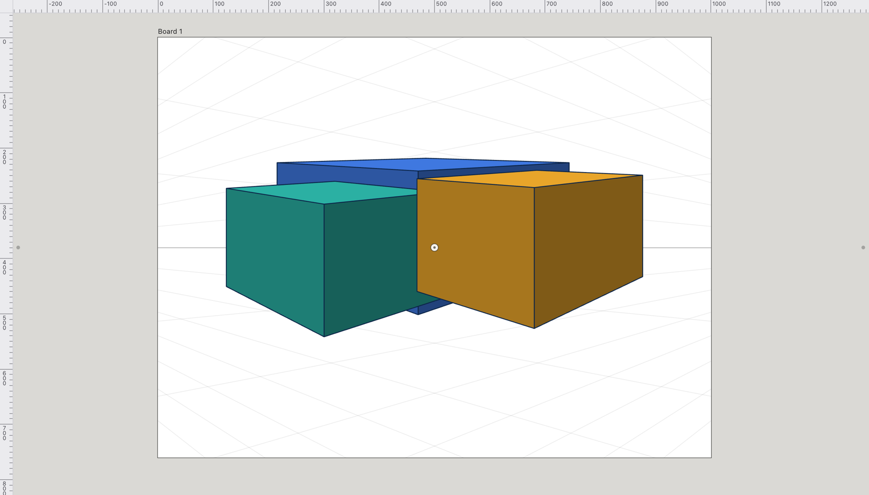 Three coloured boxes drawn in two-point perspective on Scissor's perspective grid, their edges converging to a vanishing point on each side of the horizon.